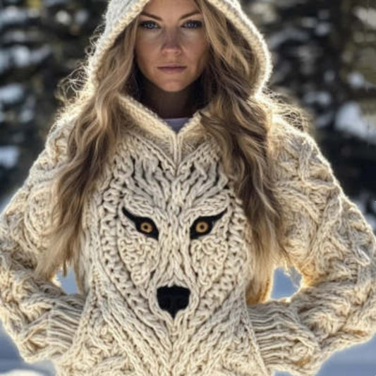 Retro Womens Loose-Fit Hooded Casual Printed Sweater