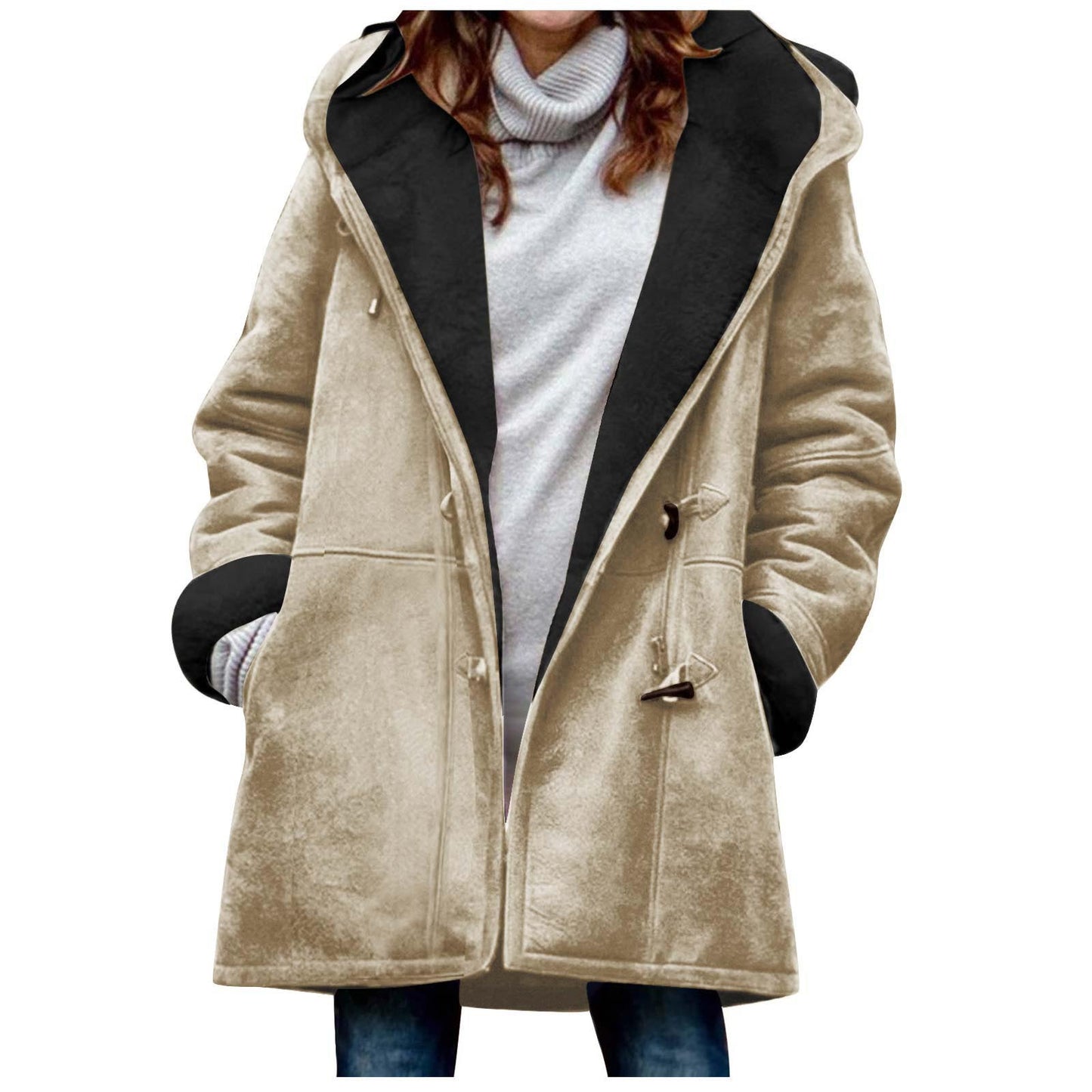 Suede Coat With Horn Buttons Fleece-lined For Warmth And Featuring Pockets