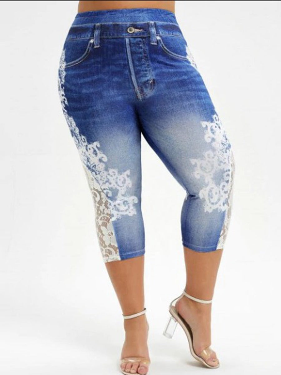 Denim Lace Stitching Print Leggings Woman