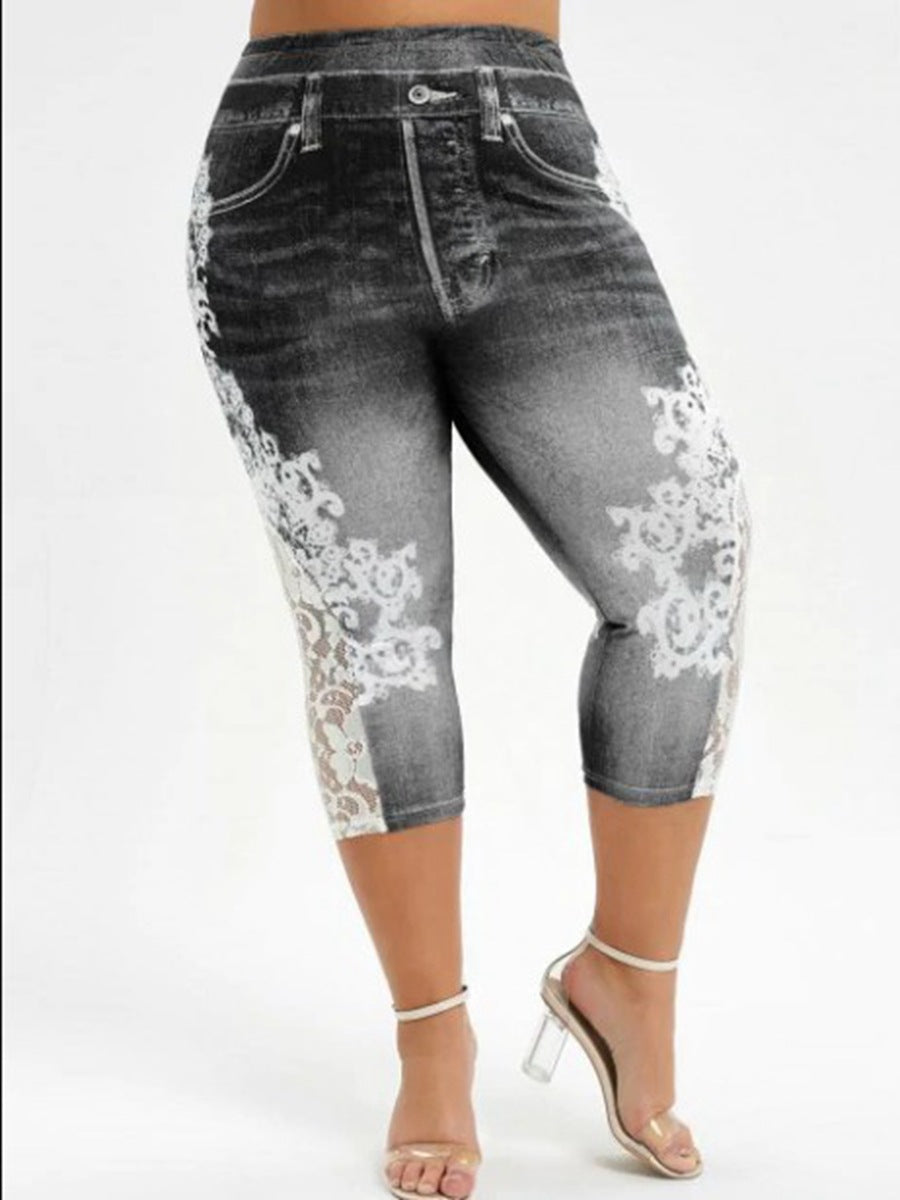 Denim Lace Stitching Print Leggings Woman