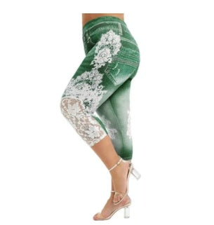 Denim Lace Stitching Print Leggings Woman