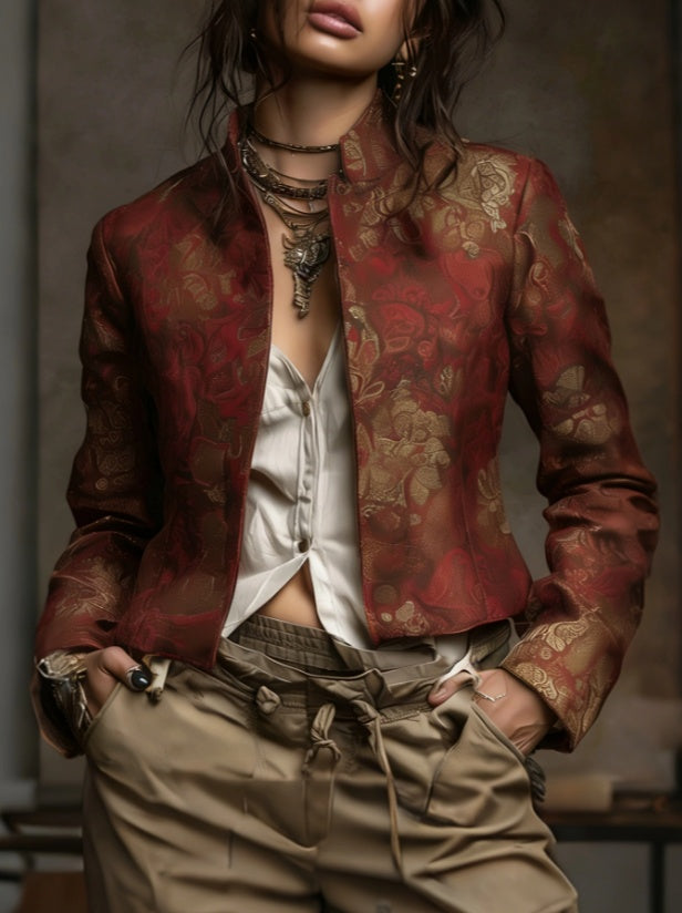 Vintage Ethnic Style Jacquard Short Jacket, American Western Distressed Leather Printed Stand-collar Coat