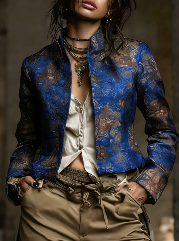 Vintage Ethnic Style Jacquard Short Jacket, American Western Distressed Leather Printed Stand-collar Coat