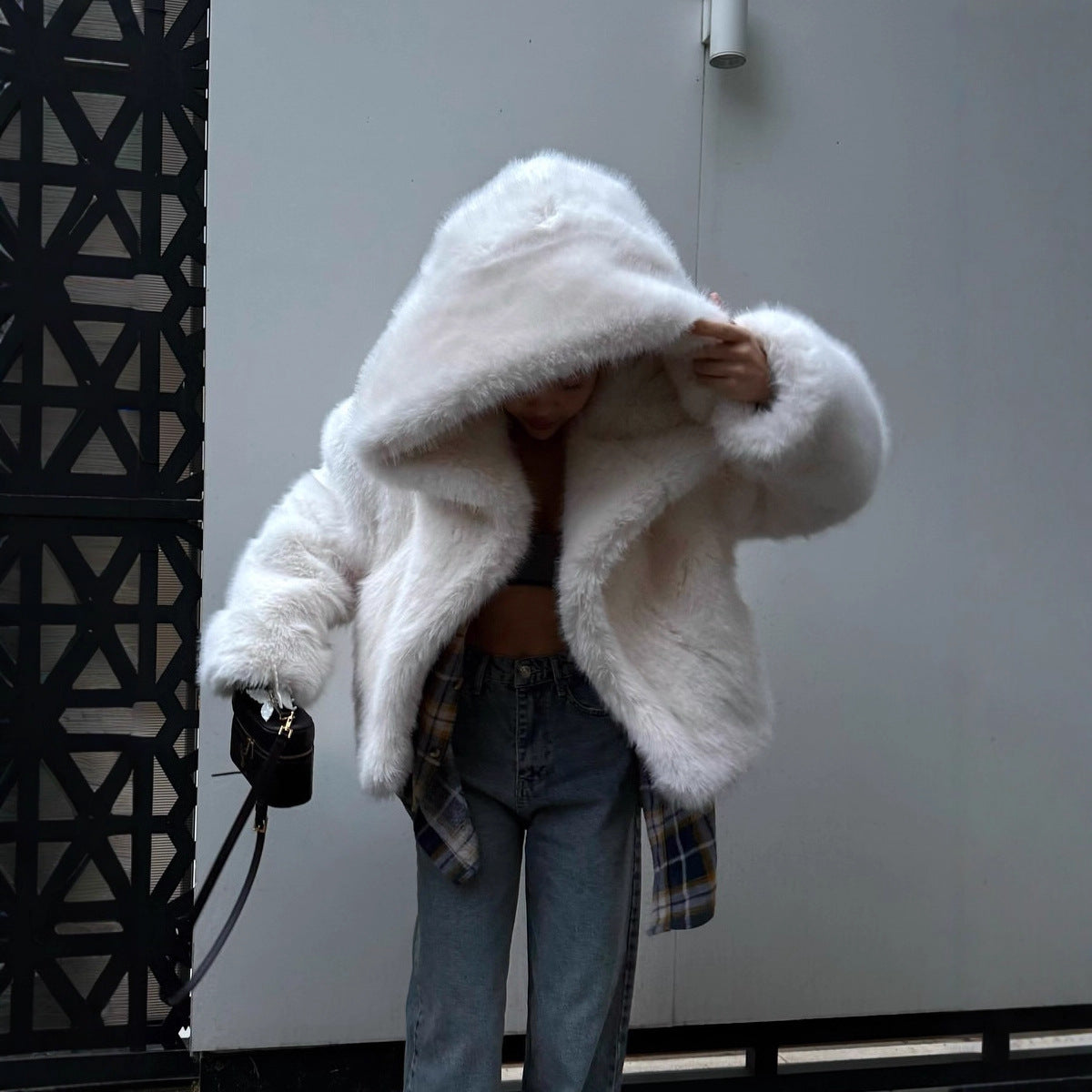 Hooded Faux Fur Coat With Fox Fur Trim