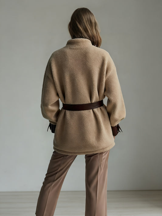 New Style Women's Autumn And Winter Clothing, New Style Women's Thickened Lamb Fur Stitching PU Leather Pocket Leather Belt Vintage Jacket