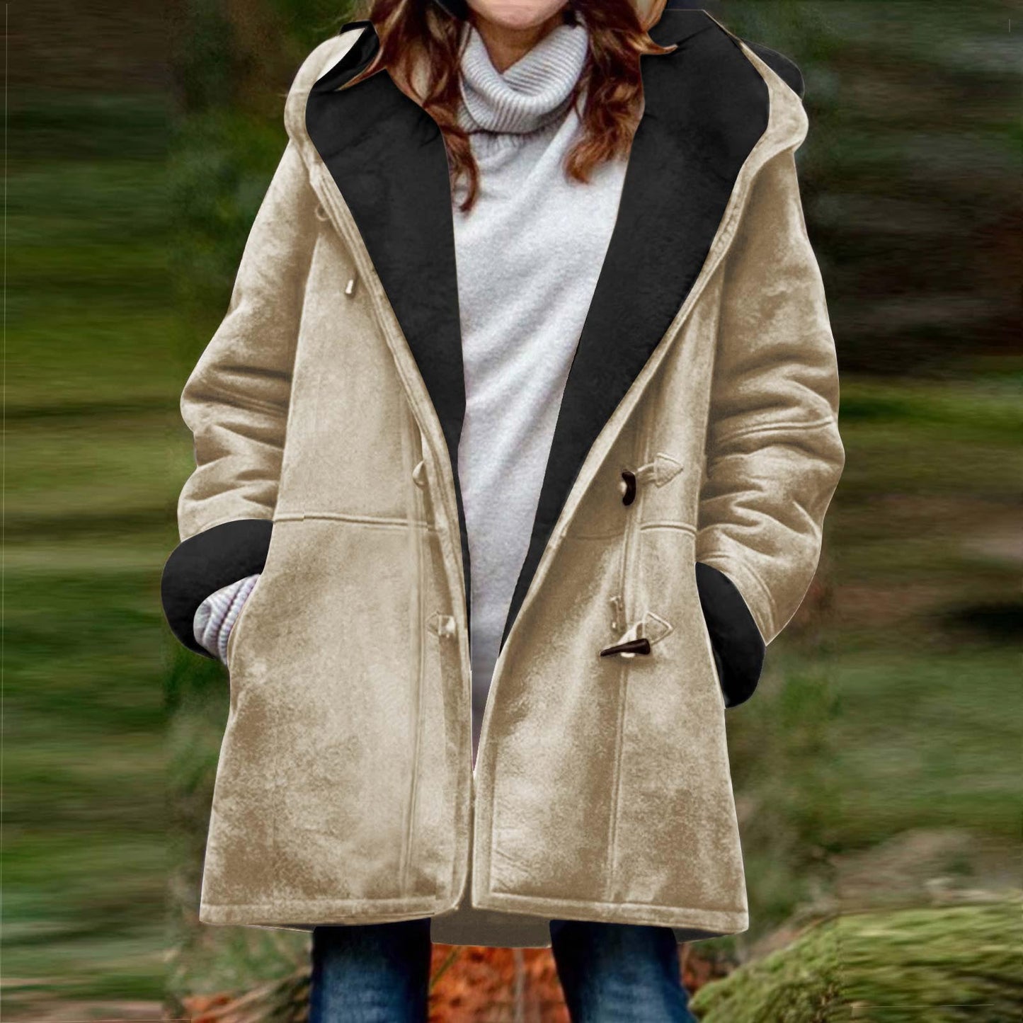 Suede Coat With Horn Buttons Fleece-lined For Warmth And Featuring Pockets