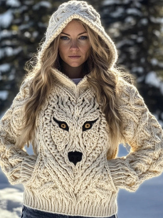 Retro Womens Loose-Fit Hooded Casual Printed Sweater