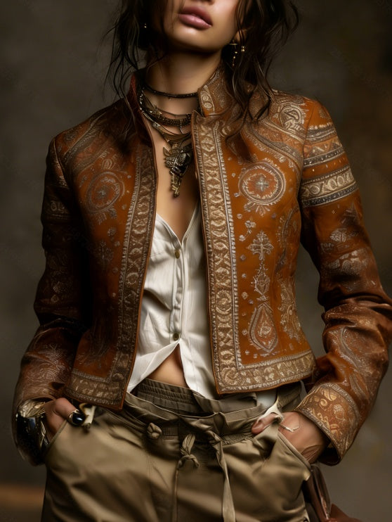 Vintage Ethnic Style Jacquard Short Jacket, American Western Distressed Leather Printed Stand-collar Coat
