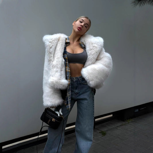 Hooded Faux Fur Coat With Fox Fur Trim