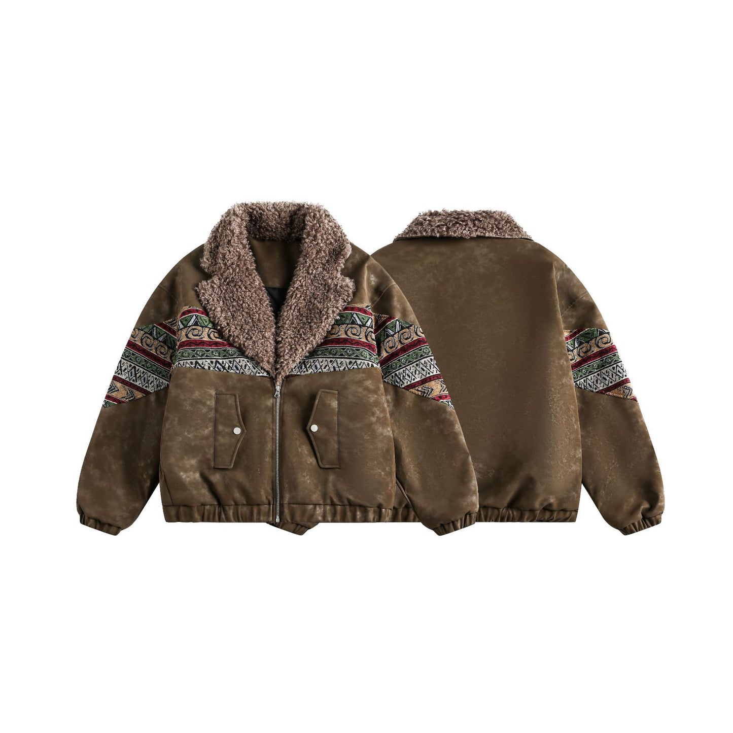 Thermal Cotton-Padded Jacket With Spliced PU Leather And Lambswool Lining